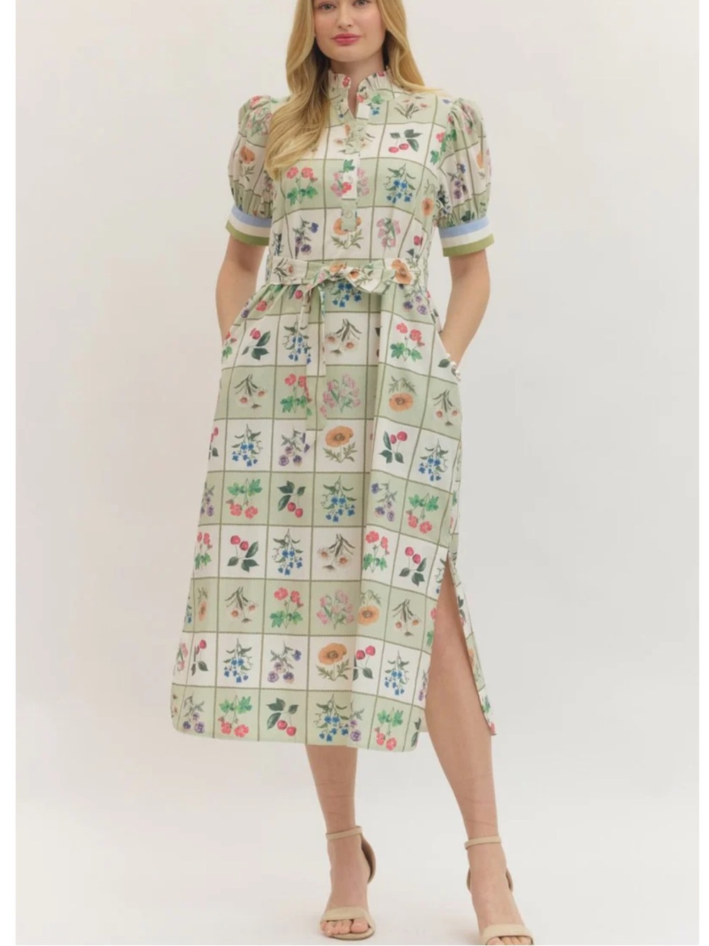 New Sage Green & Cream Floral Grid Gingham Garden Midi Dress